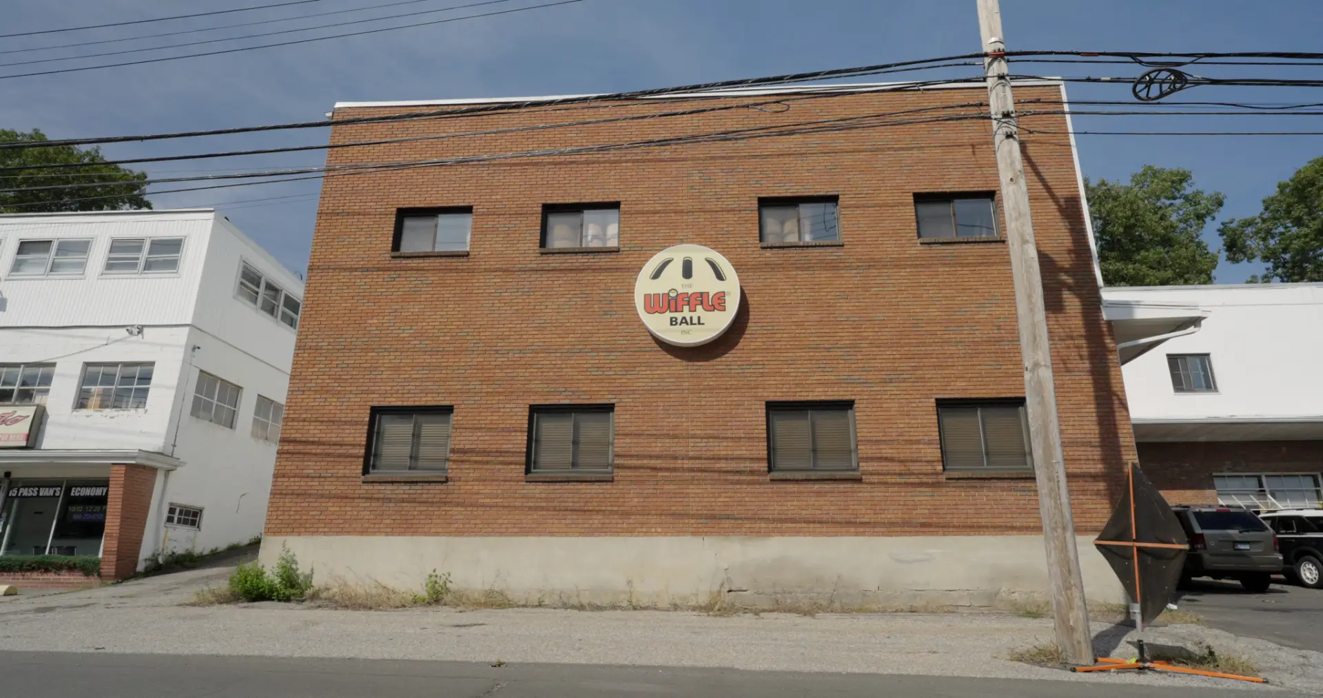 The Wiffle Ball, Inc. brick factory and sign in Shelton, Connecticut