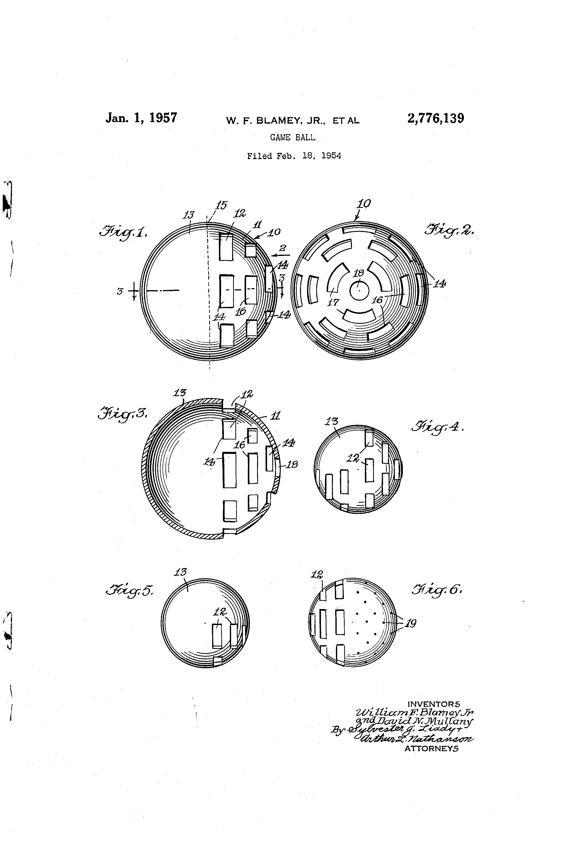Drawing sheet from U.S. Patent 2,776,139, Game Ball