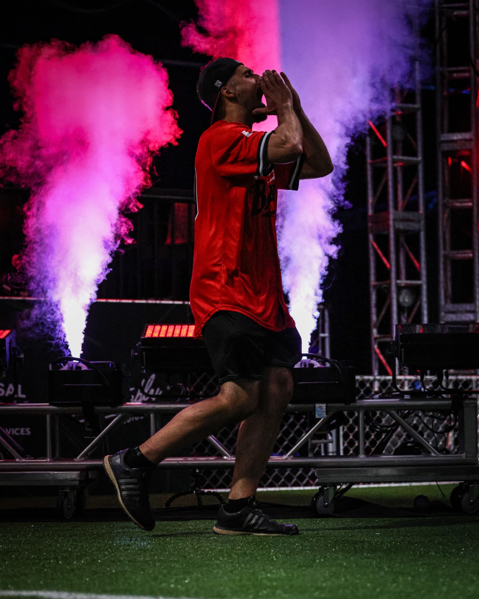 BLW player walking out through colored smoke