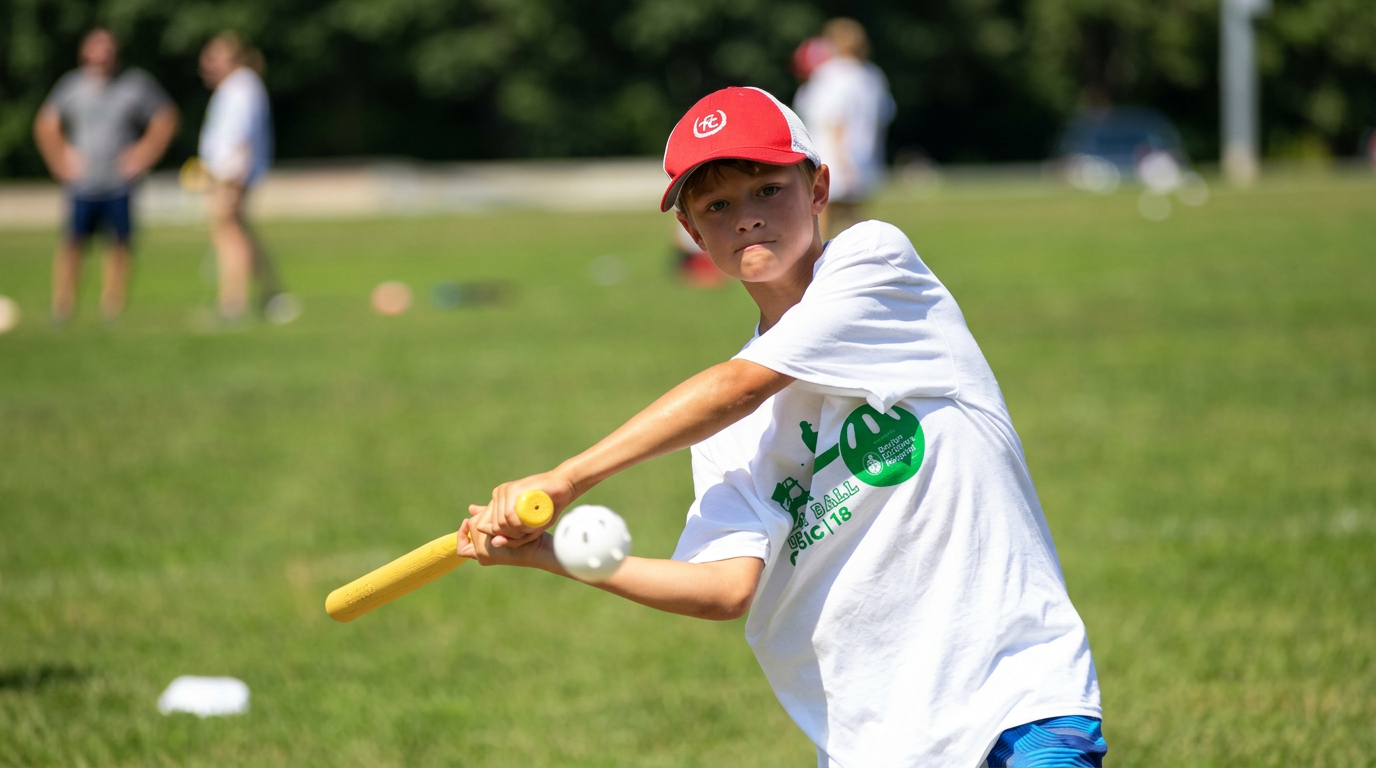 A kid in a red and white cap swinging a yellow Wiffle bat at a white Wiffle ball